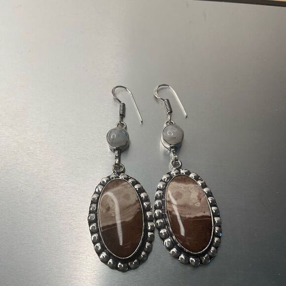 Vintage Brownie Jasper Rainbow Moonstone Drop Dangle Earrings Jewelry 2.48" - Picture 6 of 8